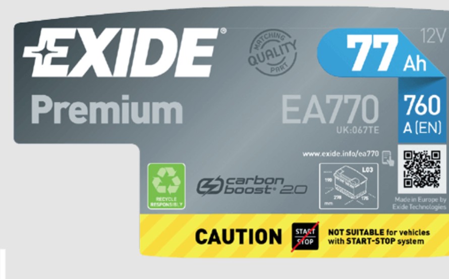 Upozornenie na batérií značky Exide, že táto batéria nie je vhodná pe vozidlá vybavené štart stop systémom
